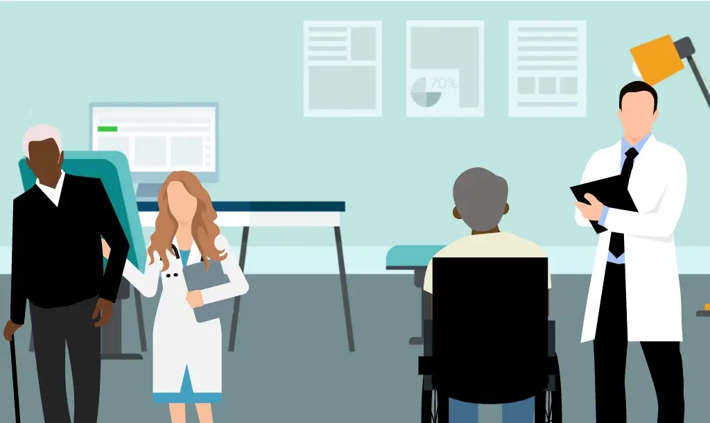 Illustration of patients and doctors in a medical office